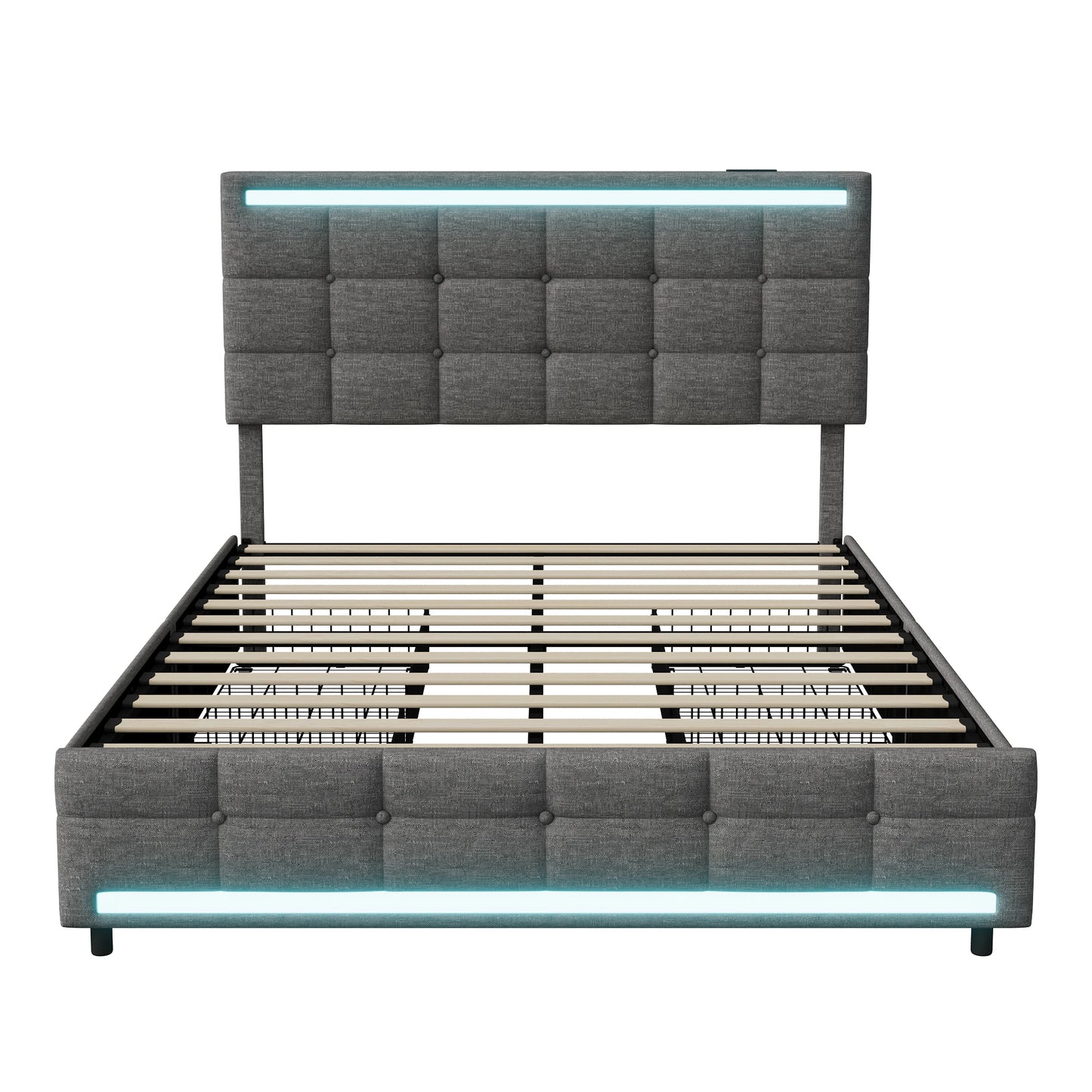 Rosahqnda Polsterbett mit 4 Schubladen und 2 USB-Anschlüssen, Bettrahmen mit LED-Leuchten, Kopfteil, Fußteil und Stauraum