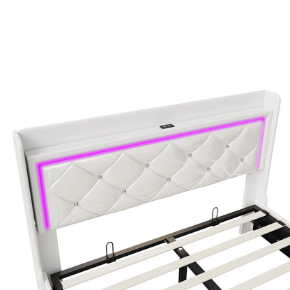 Rosahqnda Doppel-Jugendbettgestell 140–160 x 200 cm mit hydraulischem LED- und USB-Aufbewahrungsbett, Einzelbett, Gäste-/Master-Schlafzimmer, PU, weiß/schwarz