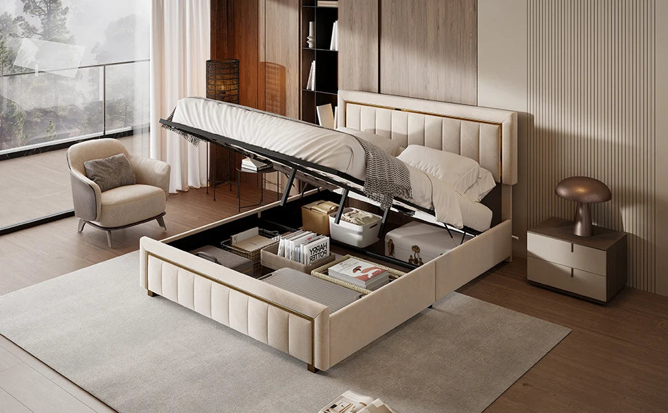 Rosahqnda Doppelt gepolstertes Hydraulikbett, 140–160 x 200 cm, großer Stauraum, Gästebett, Samt, Schwarz, Beige