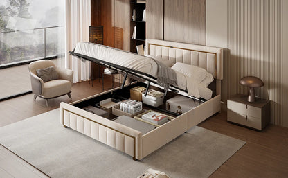 Rosahqnda Doppeltes gepolstertes hydraulisches Bett, 140-160 * 200 cm, großer Stauraum, Gästebett, Samt, schwarz, beige