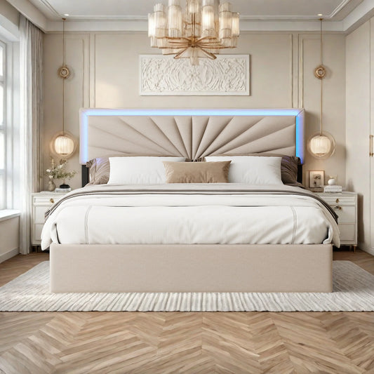 Rosahqnda Gepolstertes Doppelbett 140-160 x 200 cm mit 4 Schubladen und LED, Stauraumbett, Gästebett, Apartmentbett, Leinen