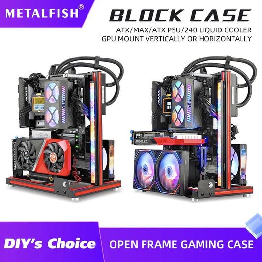 METALFISH BlockCase Aluminum Open Frame Case Support ATX/M-ATX Mainboard GPU Mount Horizontally 240 Water Cooler Gaming Cabinet.