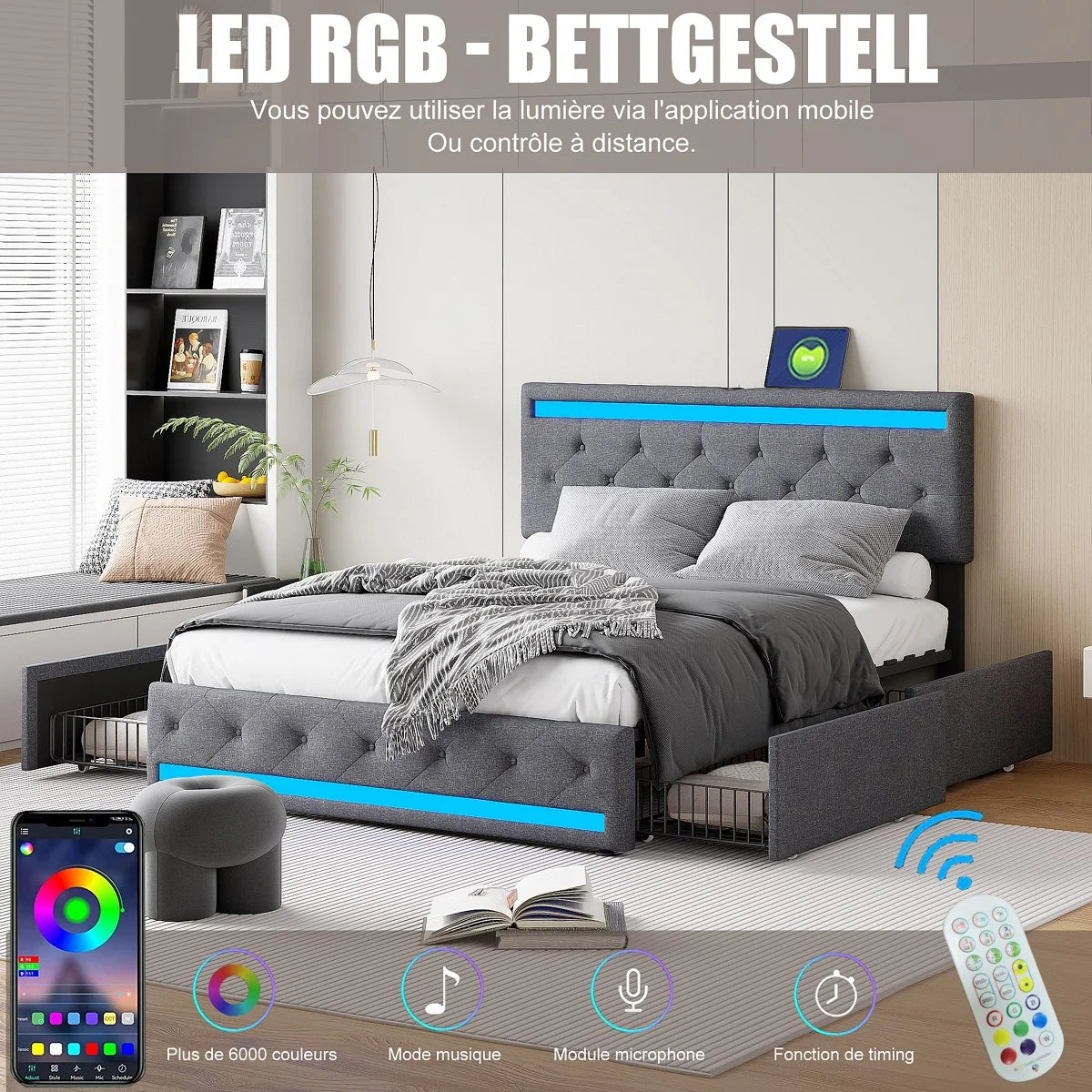 Gepolstert 140 x 200 cm, Doppelbett mit LED-Beleuchtung & USB-Ladestation , Schubladenbett mit 4 Schubladen und Lattenrost