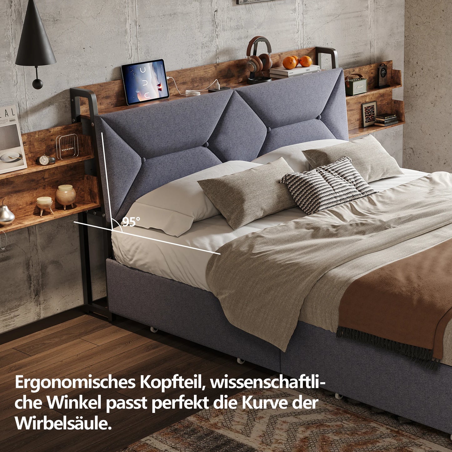 Bett 160 x 200 mit USB, Doppelbett mit 4 Schubladen, Kopfteil mit ausziehbarem Stauraum, Erwachsenenbett mit Lattenrost aus Holz