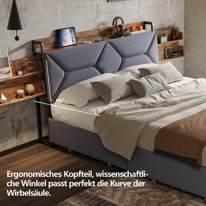 Bett 160 x 200 mit USB, Doppelbett mit 4 Schubladen, Kopfteil mit ausziehbarem Stauraum, Erwachsenenbett mit Lattenrost aus Holz