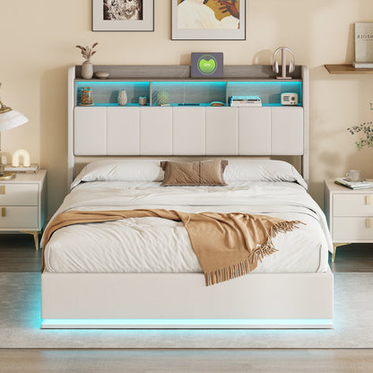 Rosahqnda Polsterbett, Hydraulisches Doppelbett mit LED-Lichtleiste und großem Stauraum, 140-160 x 200 cm, Weiß/Grau