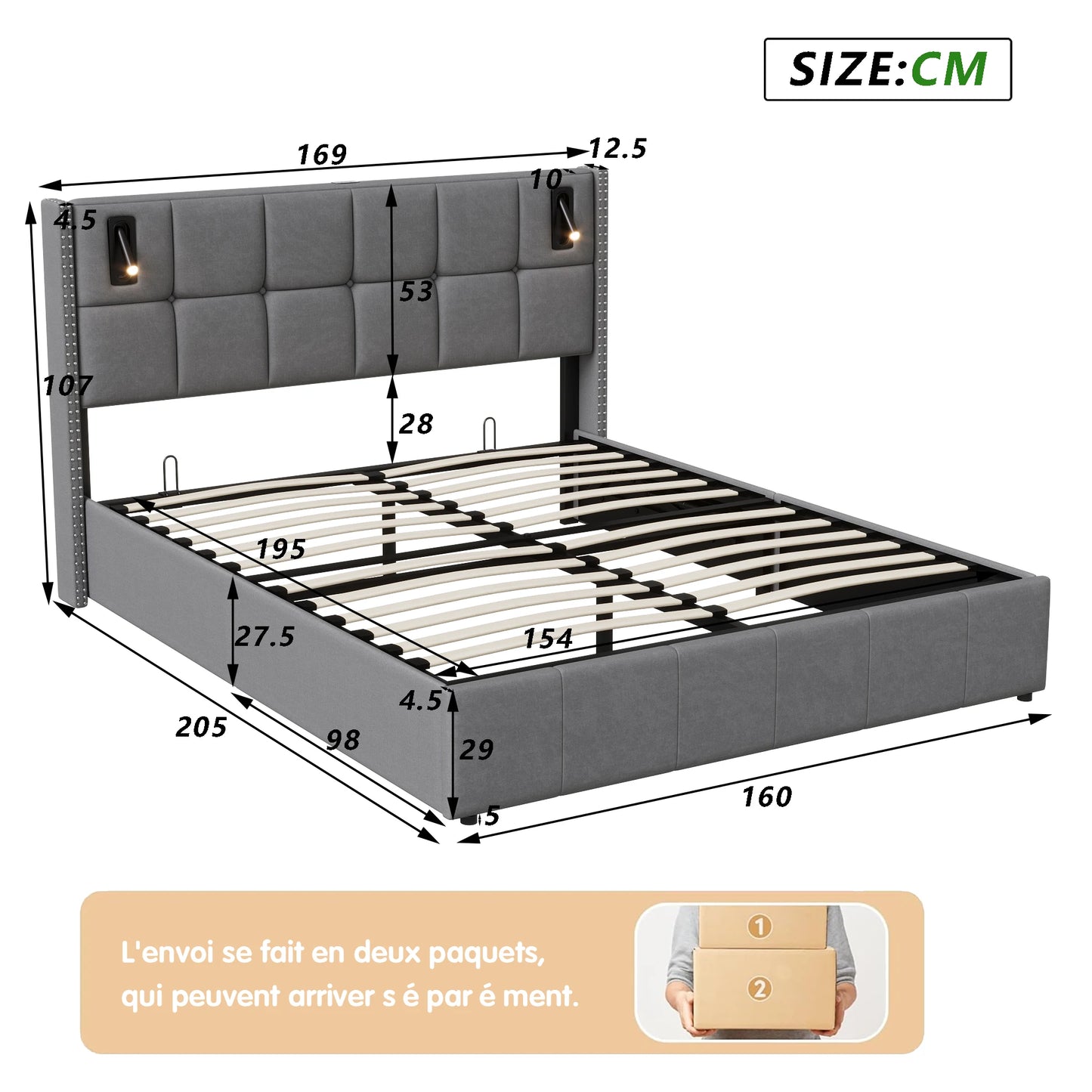 ROSAHQNDA Modernes Polsterbett, hydraulisches Doppelbett mit Leseleuchten, 140/160x200cm, Samtbett mit Stauraum, ohne Matratze
