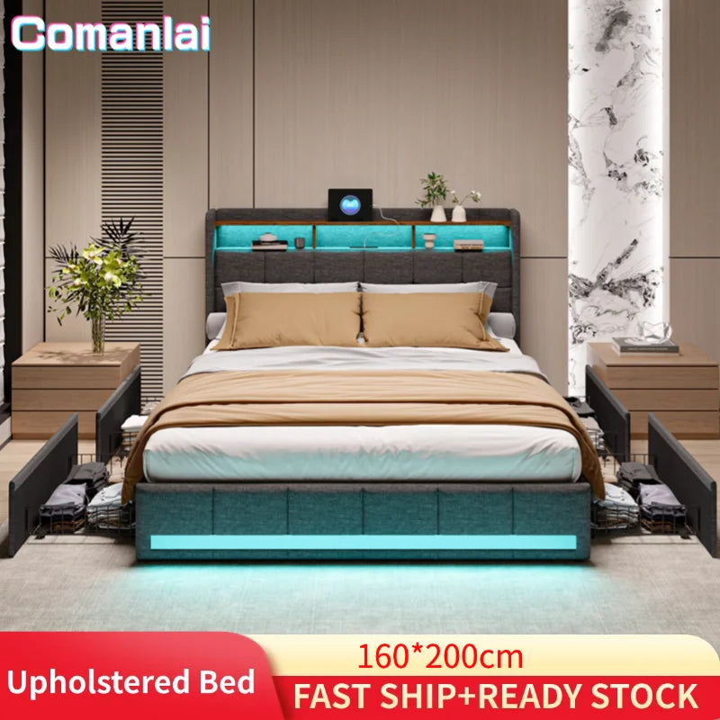 Comanlai 160 x 200 cm, gepolstertes Bett, mit 4 Schubladen und Lattenrost, mit LED- und USB-Ladefunktion, keine Matratze, Leinen, Grau