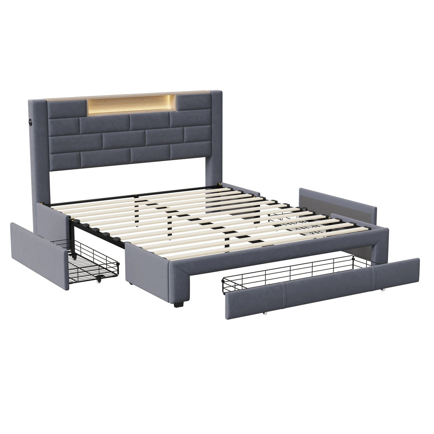 Upholstered Bed 160x200cm with LED and USB Charging Socket,Drawer Storage Bed,Bedside Storage,Adult Livingroom,Gray,Velvet