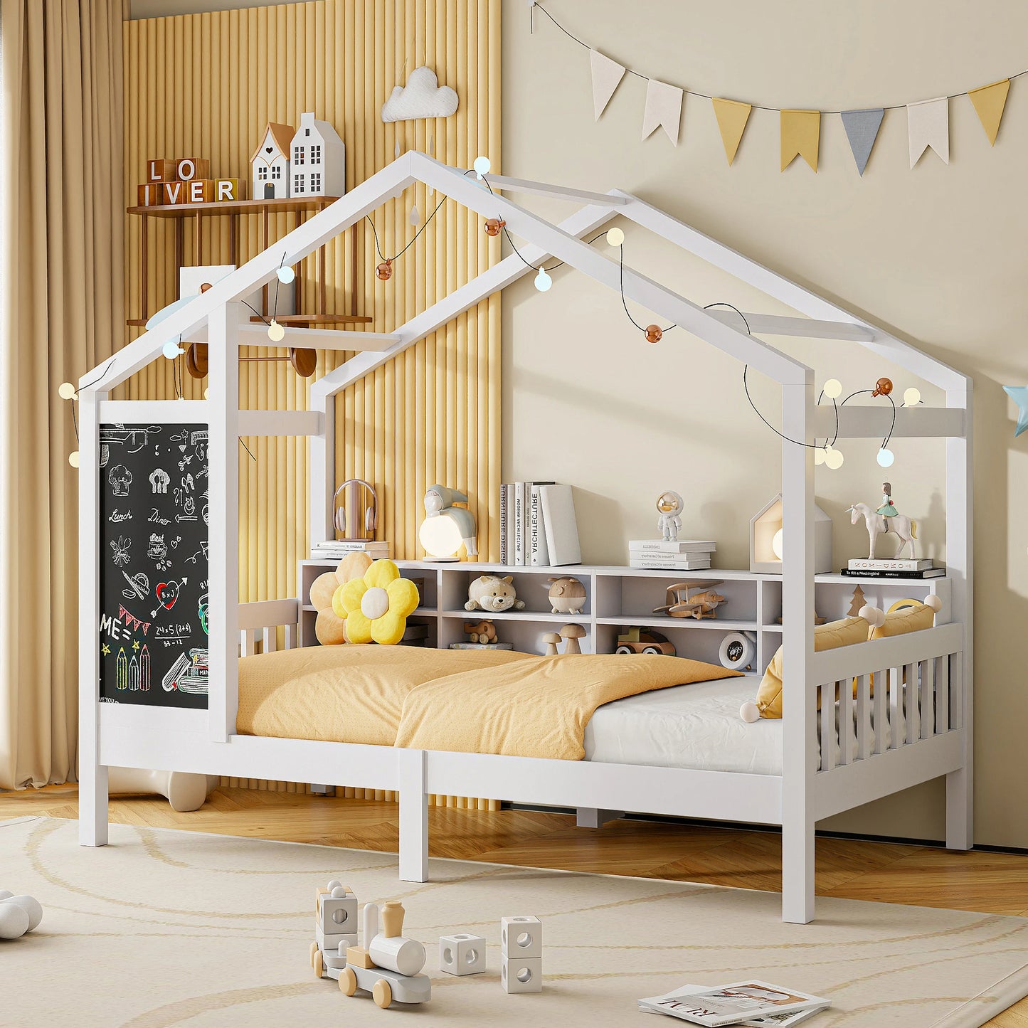 Roshanda Kinderbett, 90 x 200 cm, Hausbett, Einzelbett, mit Tafel/Bücherregal/Schublade, Kiefer, Weiß