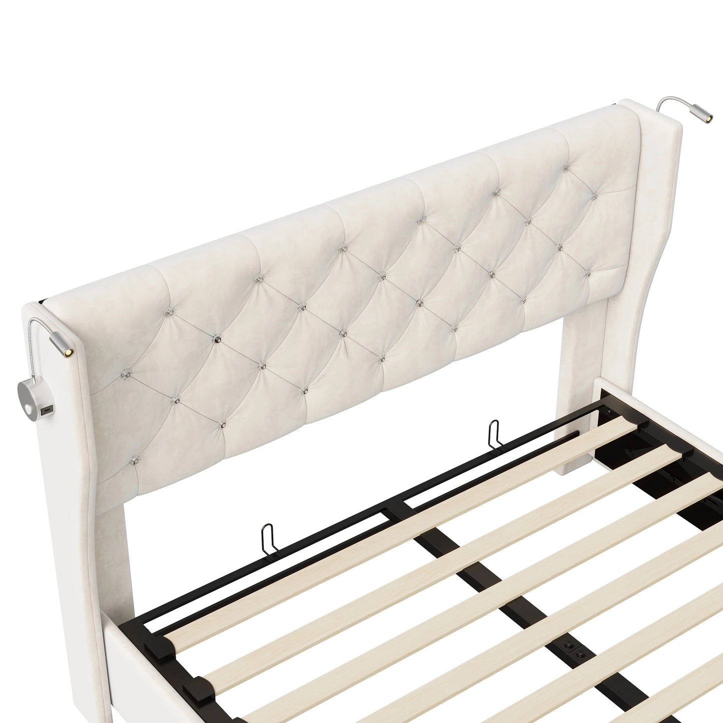 Doppelbett 140 x 190 cm mit LED-Beleuchtung und USB-Ladeanschluss, gepolsterte Doppelbettbetten mit Stauraum und Lattenrost, Samt, Beige