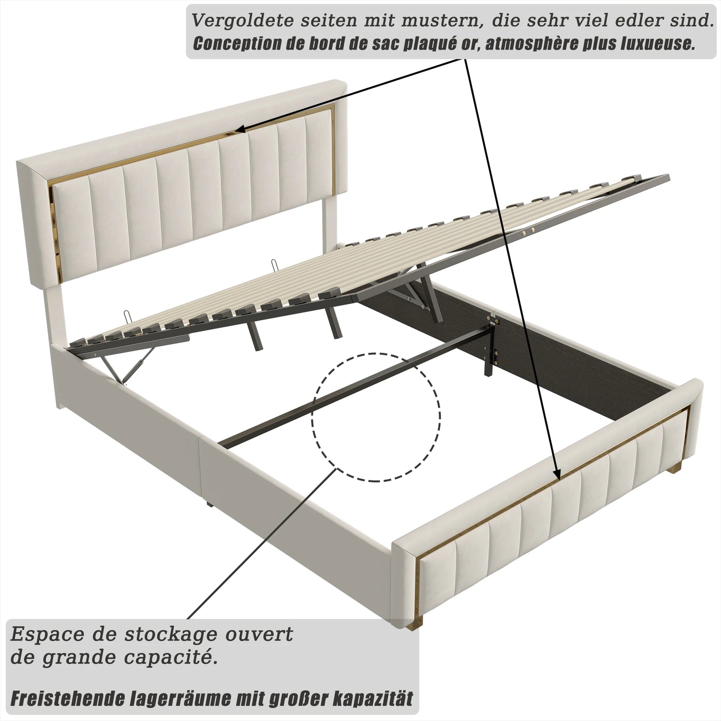 Rosahqnda Doppelt gepolstertes Hydraulikbett, 140–160 x 200 cm, großer Stauraum, Gästebett, Samt, Schwarz, Beige