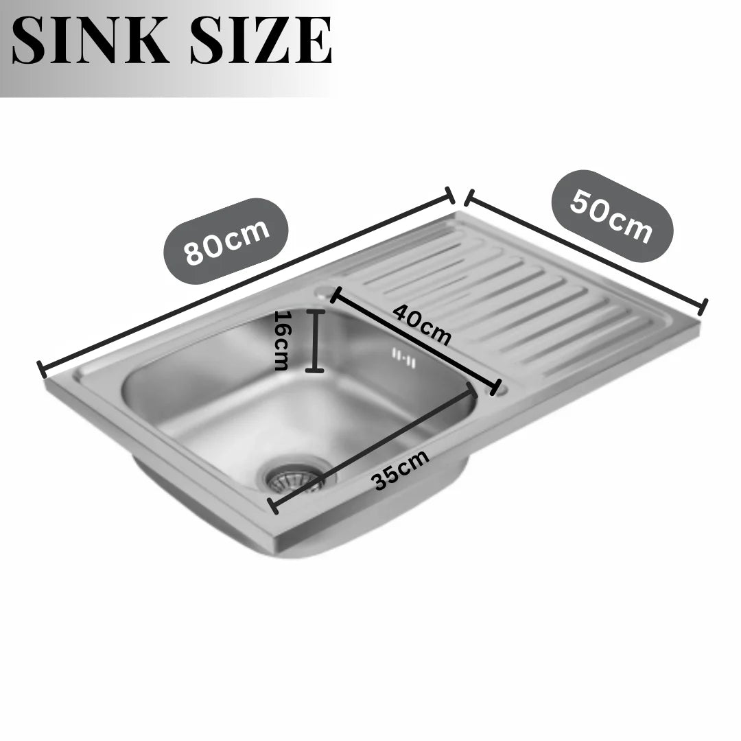 80 x 50 cm große Küchenspüle aus Edelstahl, Einzelschüssel mit Wasserhahnloch und Abtropffläche, Silber, linke/rechte Option