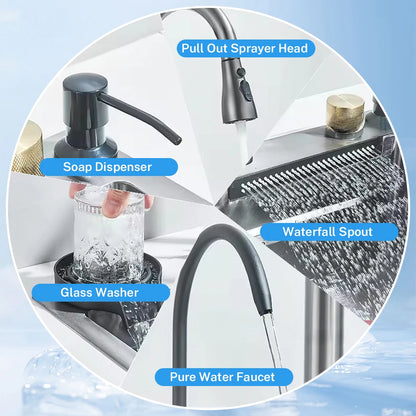 Wasserfall-Küchenspüle aus Edelstahl 304, großes Einzelschlitz-Wasserhahn-Set mit integrierter Digitalanzeige, Seifenspender, Tassenwascher