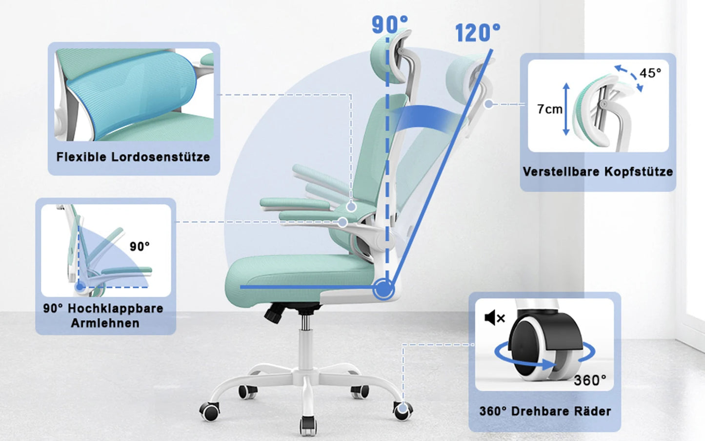 Ergonomic Office Chair, Desk Chair with Folding Armrests, Height-Adjustable, Breathable Backrest, Swivel Chair 360°