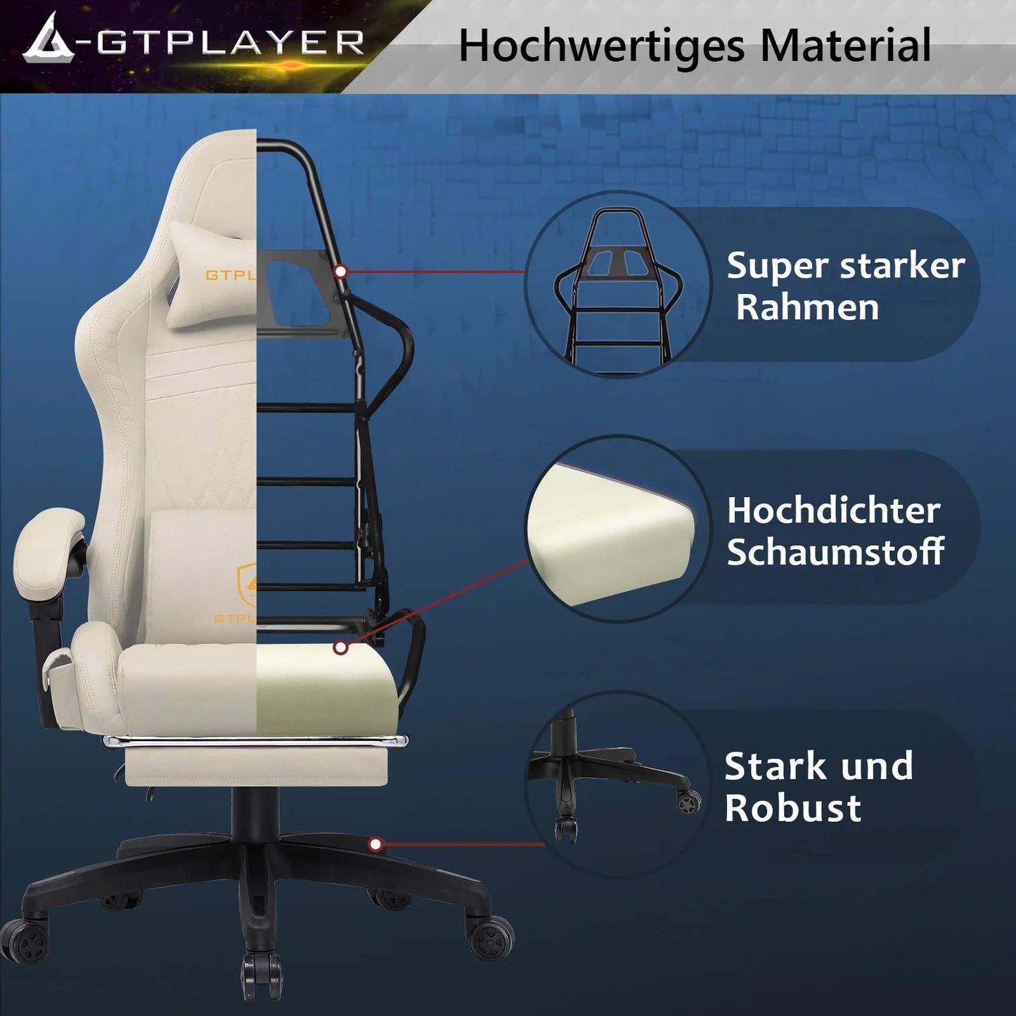 GTPLAYER Gaming Stuhl, Ergonomischer Gaming Sessel Schreibtischstuhl PC mit Fußstütze Lautsprecher Musik Bürostuhl bis 150kg