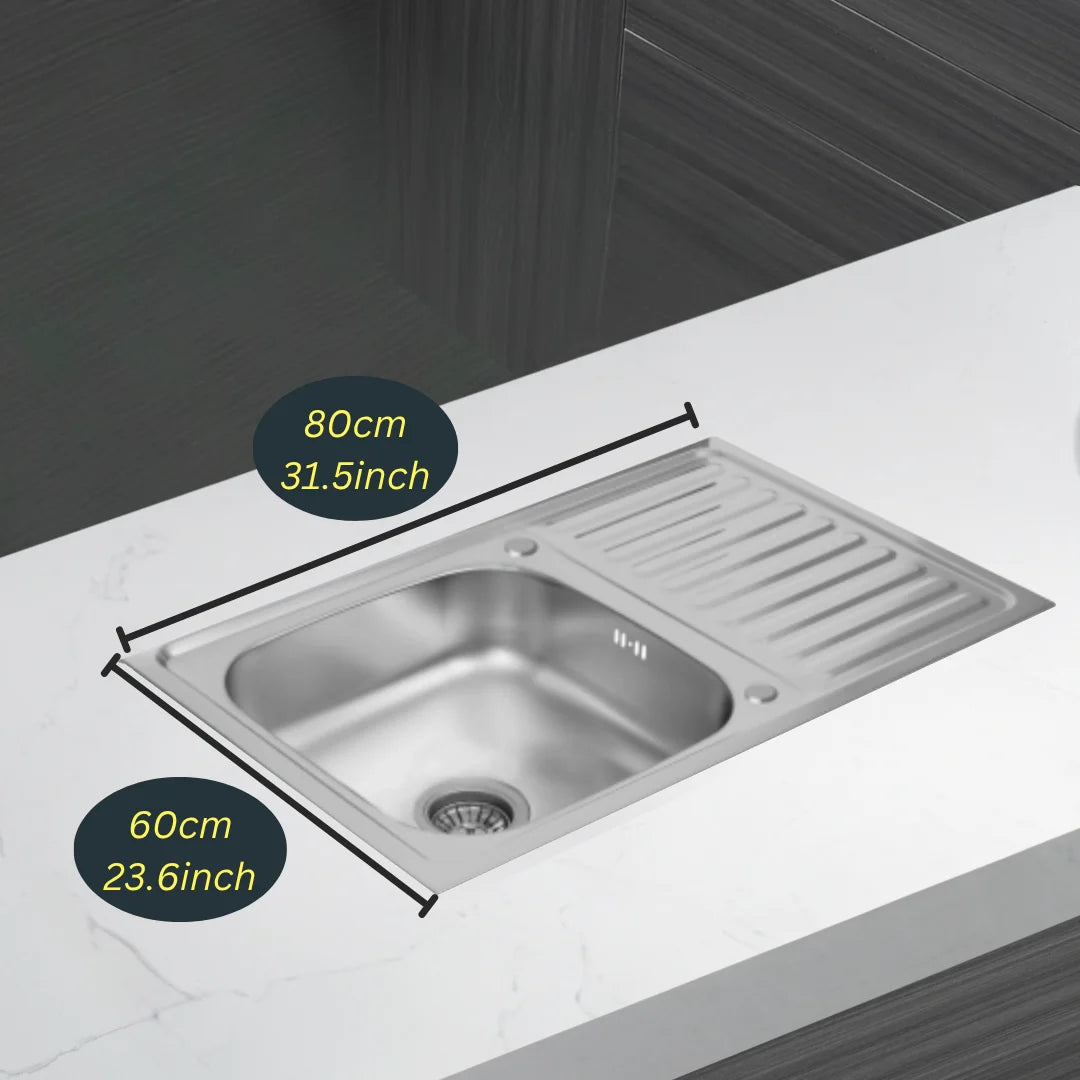 Küchenspüle aus Edelstahl, 80 x 60 cm, mit Abtropffläche, Einzelschüssel, Wasserhahnloch, umschaltbar auf der Oberseite