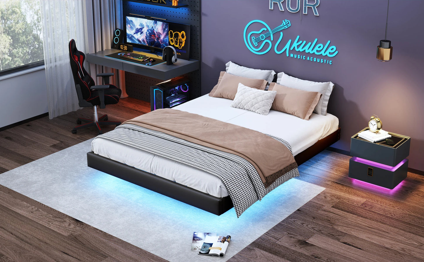 Polsterbett, 140 x 200 cm, mit Stauraum und Lattenrost, schwimmender Bettrahmen mit LED-Licht, Doppelbetten, hydraulische, PU