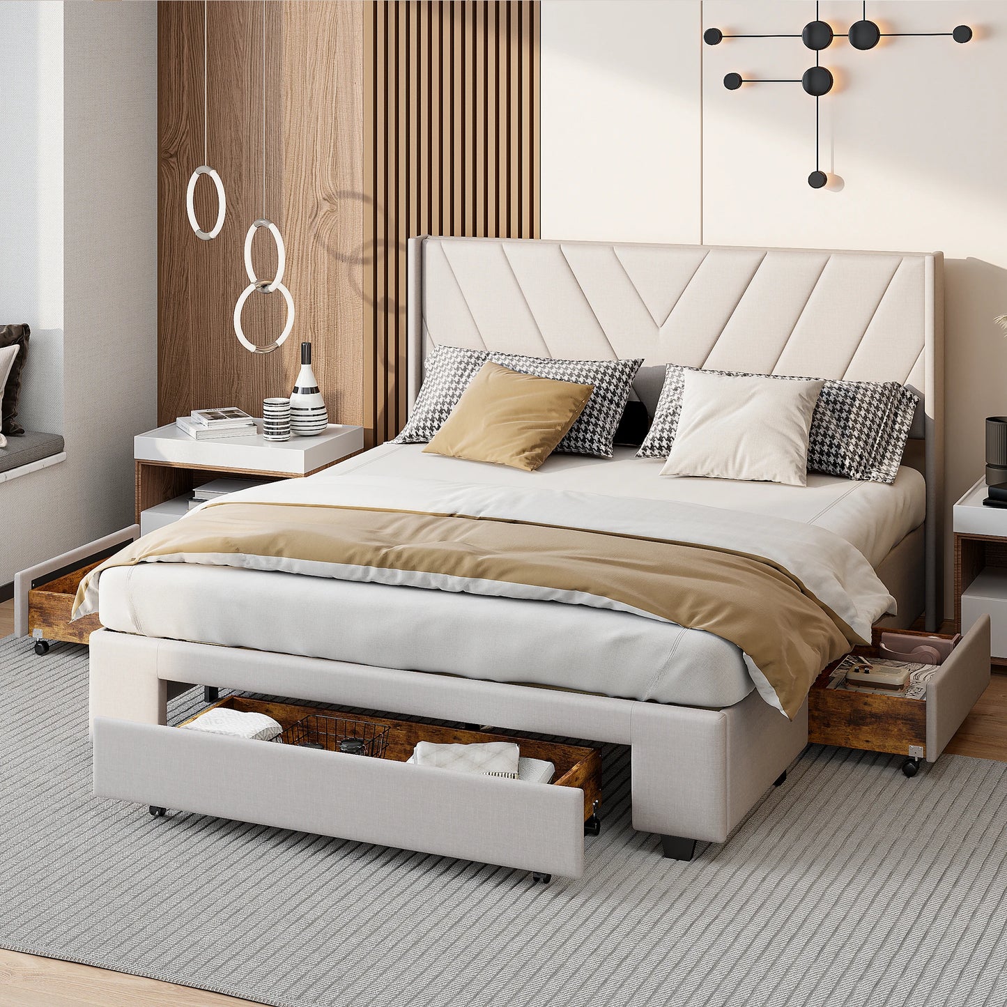 UrbanLuxe Doppelbett 160x200 cm mit 3 Schubladen, Bett mit Stauraum, Lattenrost, Bettgestell, Leinen, Beige, ohne Matratze