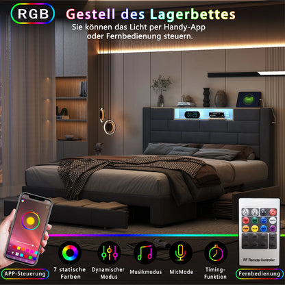 Upholstered Bed 160x200cm with LED and USB Charging Socket,Drawer Storage Bed,Bedside Storage,Adult Livingroom,Gray,Velvet