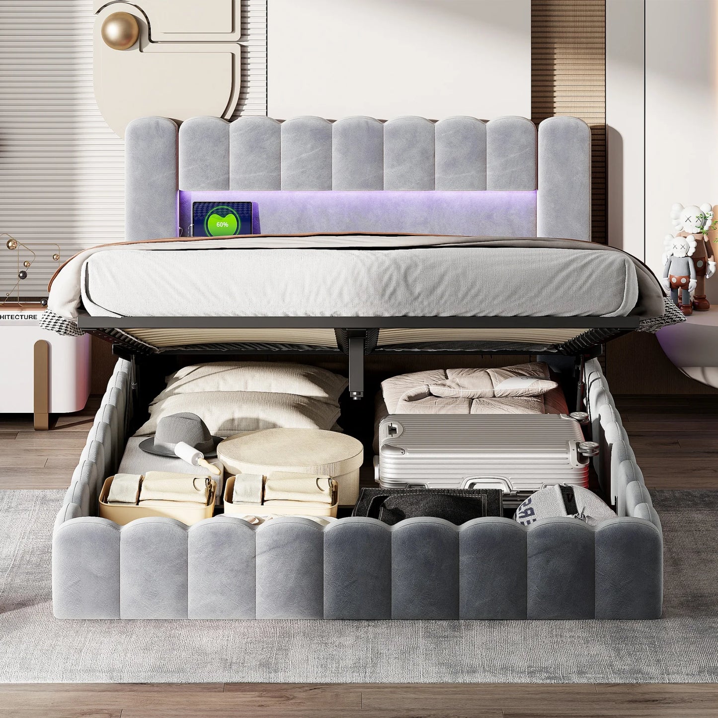 Rosahqnda Polsterbett mit LED- und USB-Anschluss, Leinenbaumstumpfbettgestell mit Kopfteil, 140 x 200 cm großes hydraulisches Bett ohne Matratze