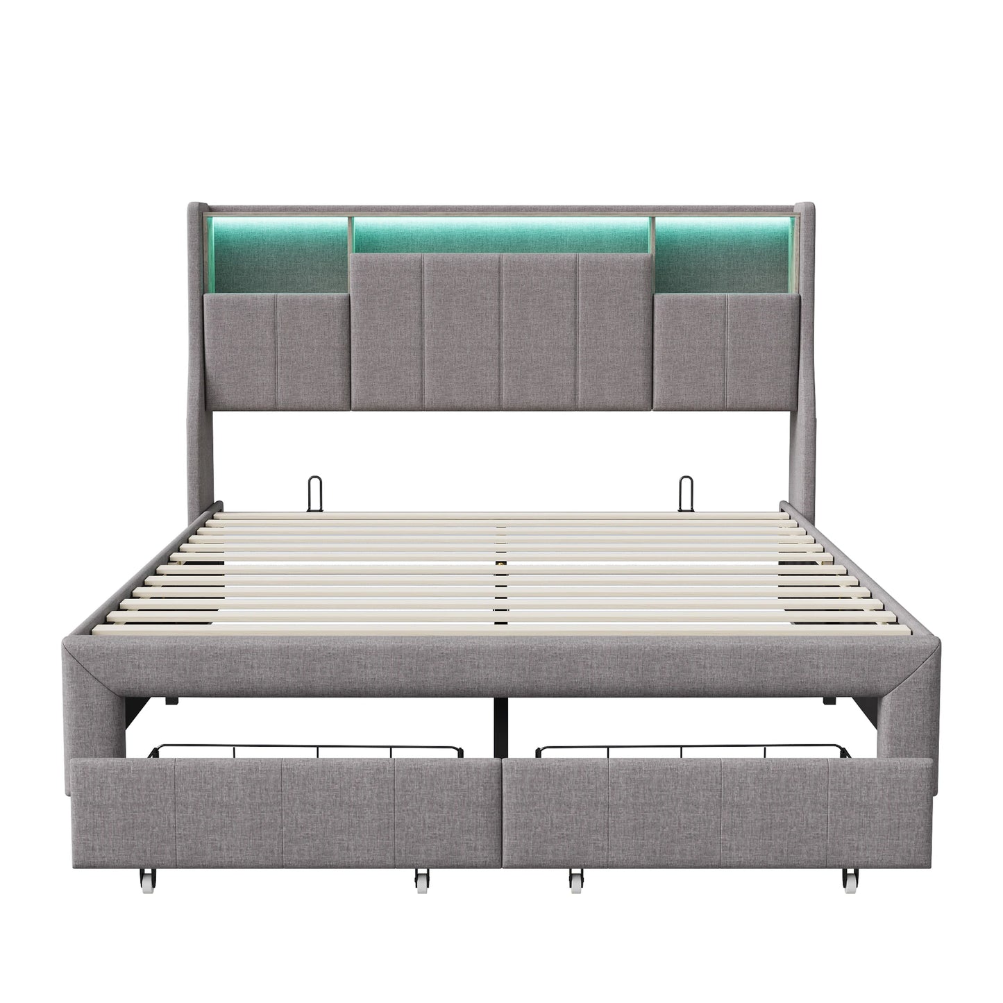 Rosahqnda gepolstertes Doppelbett 140x200cm mit LED-Beleuchtung,Doppelbett mit 2 Schubladen,hydraulischem Stauraum,ohne Matratze