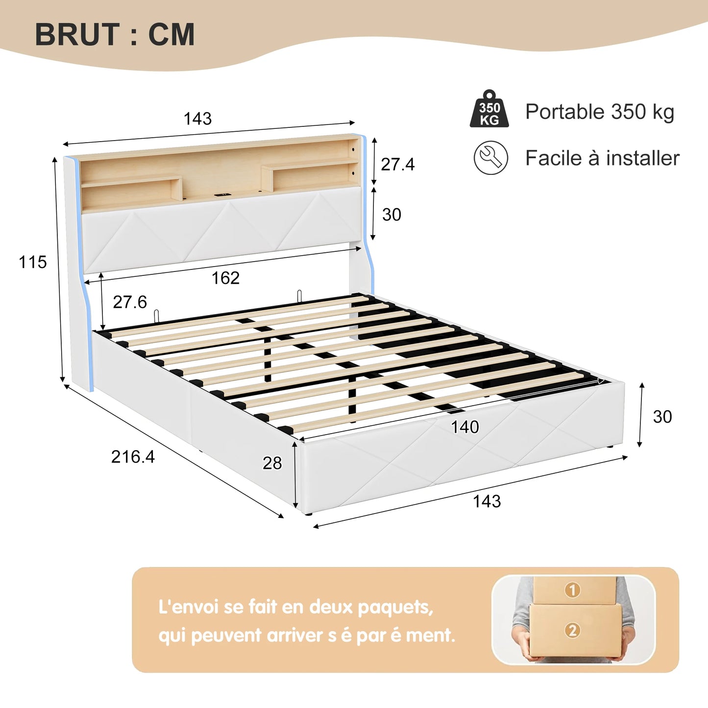 Doppelbett hydraulisches LED-Bett, Kofferraumbett 140/160 x 200cm, Polsterbett Mit Stauraum Polsterbett mit LED und USB, Jugendbett LED-Bettgestell für 2 Personen, Pu-Stoff