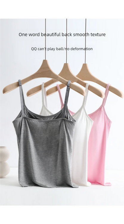 Solid Color Sling Vest for Women with Built-in Bra Pads, Adjustable Shoulder Straps - Summer Inner Layer Top.