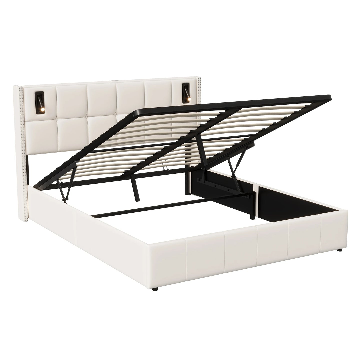 Rosahqnda Polsterbett 160x200 cm mit Stauraum,Kopfteil mit LED-Leselicht,Kupfernieten Modernes Bettgestell,Grauer Samtstoff