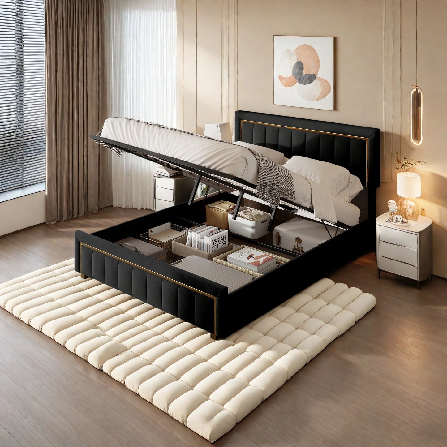 Polsterbett 140x200 Doppelbett mit Stauraum, Bett mit Lattenrost und Hydraulisch Stauraumbett Rückenlehne Bettgestel Jugendbett