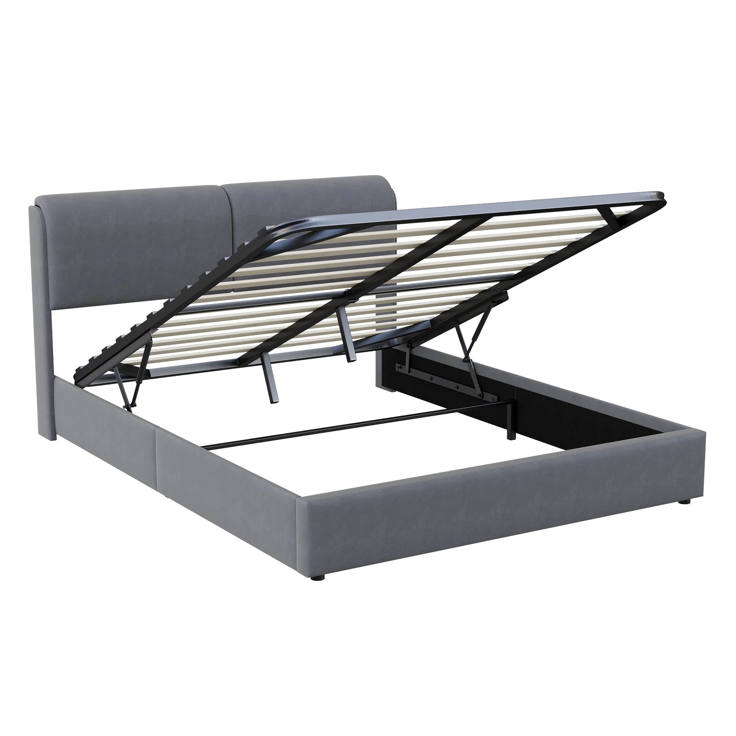 Comanlai Polsterbett, 160 x 200 cm, mit Lattenrost und Stauraum, hydraulisches LED-Bett mit Stauraum, ohne Matratze, Samt, Grau