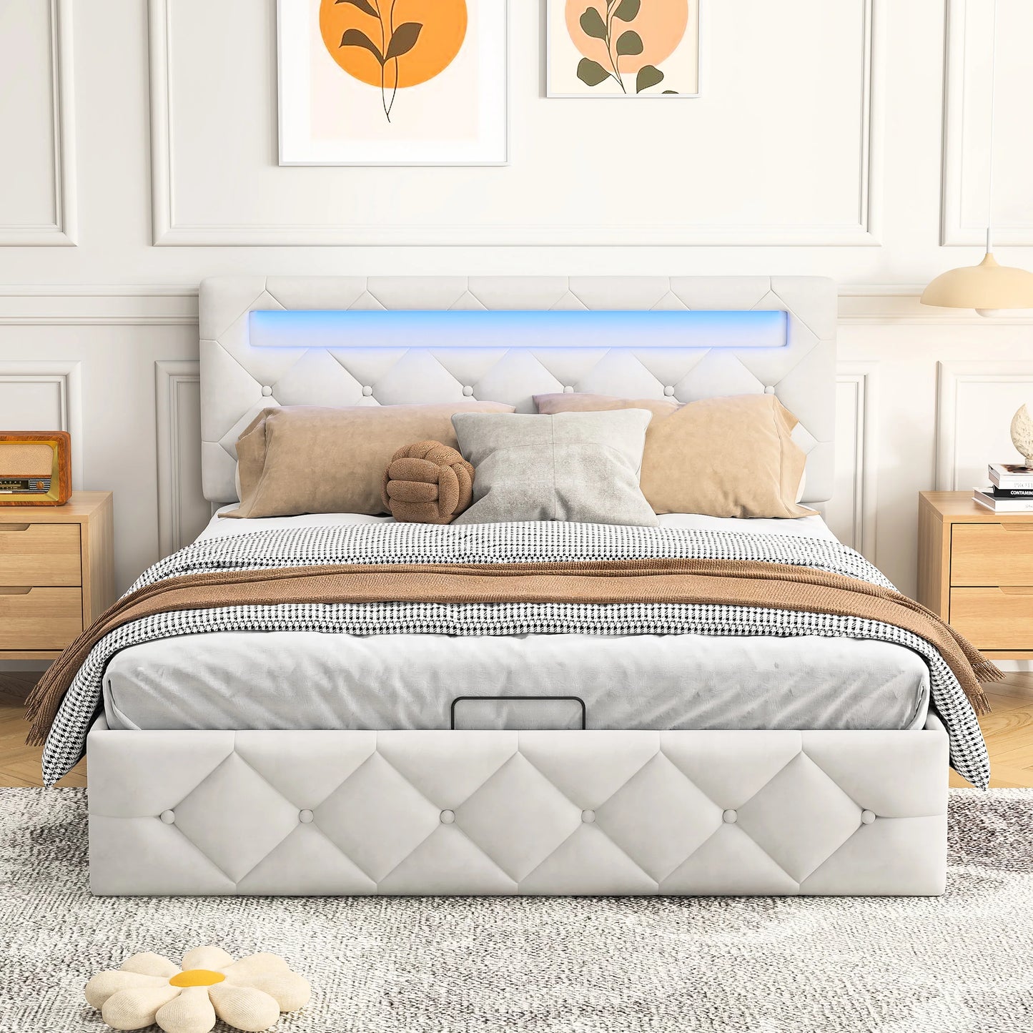 Rosahqnda Modernes weißes Polsterbett,hydraulisches Bett mit großem Stauraum, elegantes Doppelbett,Samtstoff, ohne Matratze