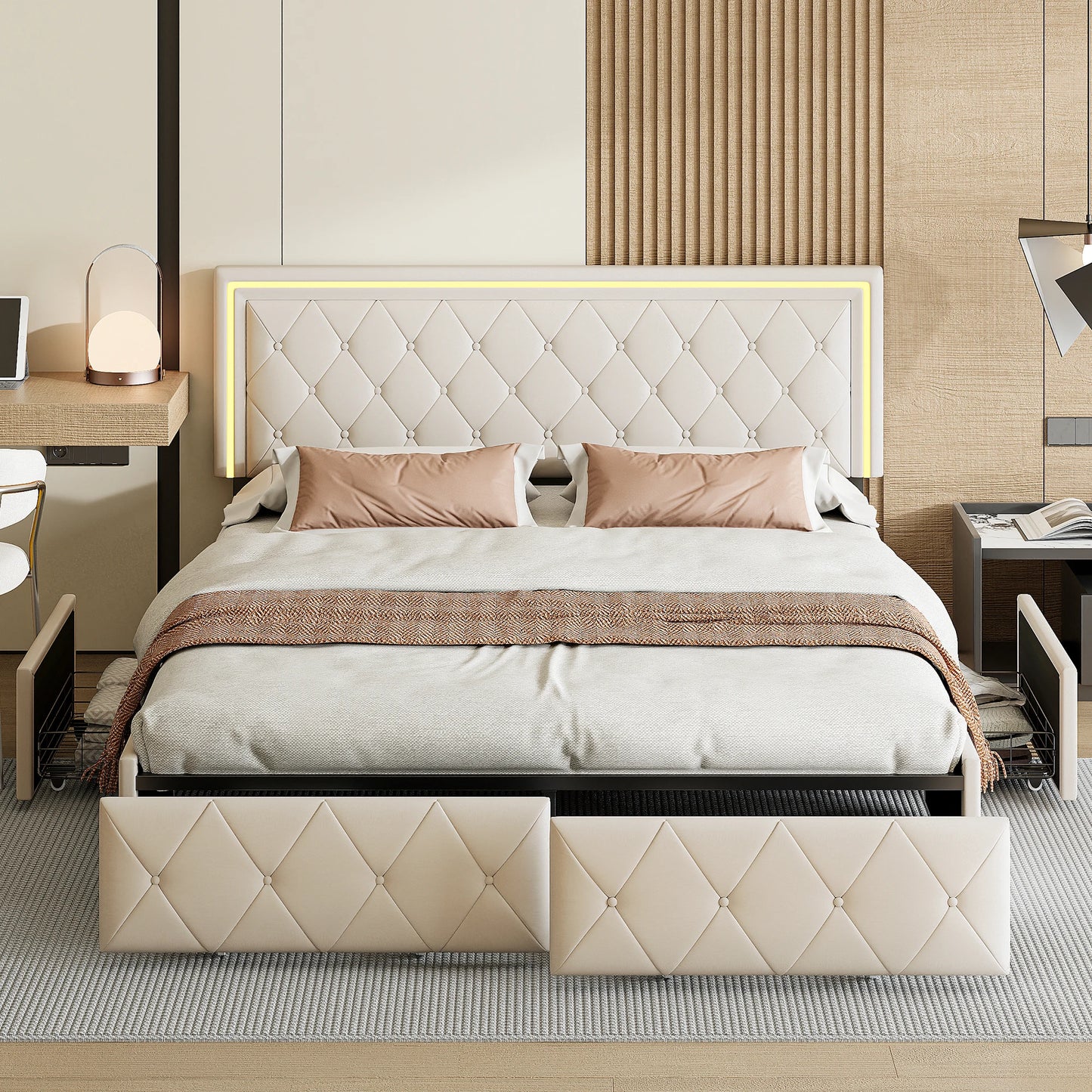 WoodenAura Polsterbett 160x200 cm mit LED-Beleuchtung, Doppelbett mit 4 Schubladen, Bett rahmen mit Lattenrost, keine Matratze