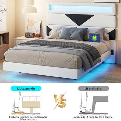 Rosahqnda Schwebebett 140*190cm Doppelbett Rahmen 160*200cm mit LED&USB Polsterbett Erwachsenenwohnung Jugendbett Samt