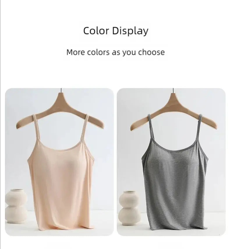 Solid Color Sling Vest for Women with Built-in Bra Pads, Adjustable Shoulder Straps - Summer Inner Layer Top