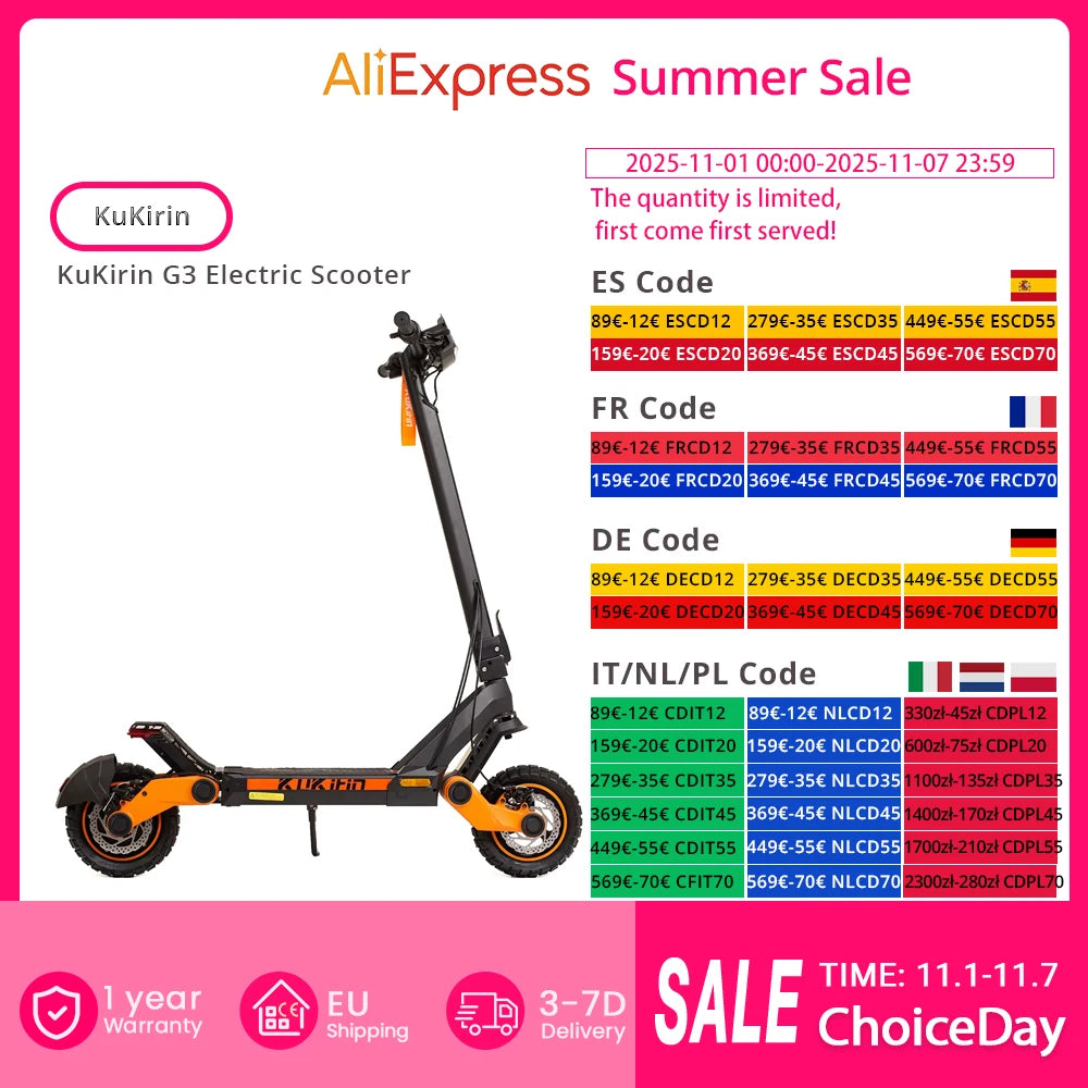 KuKirin G3 Electric Scooter 10" Off-road 1200W Motor 52V 18Ah Lithium battery Max Speed 50km/h, Shock arm Suspension 63km Range.