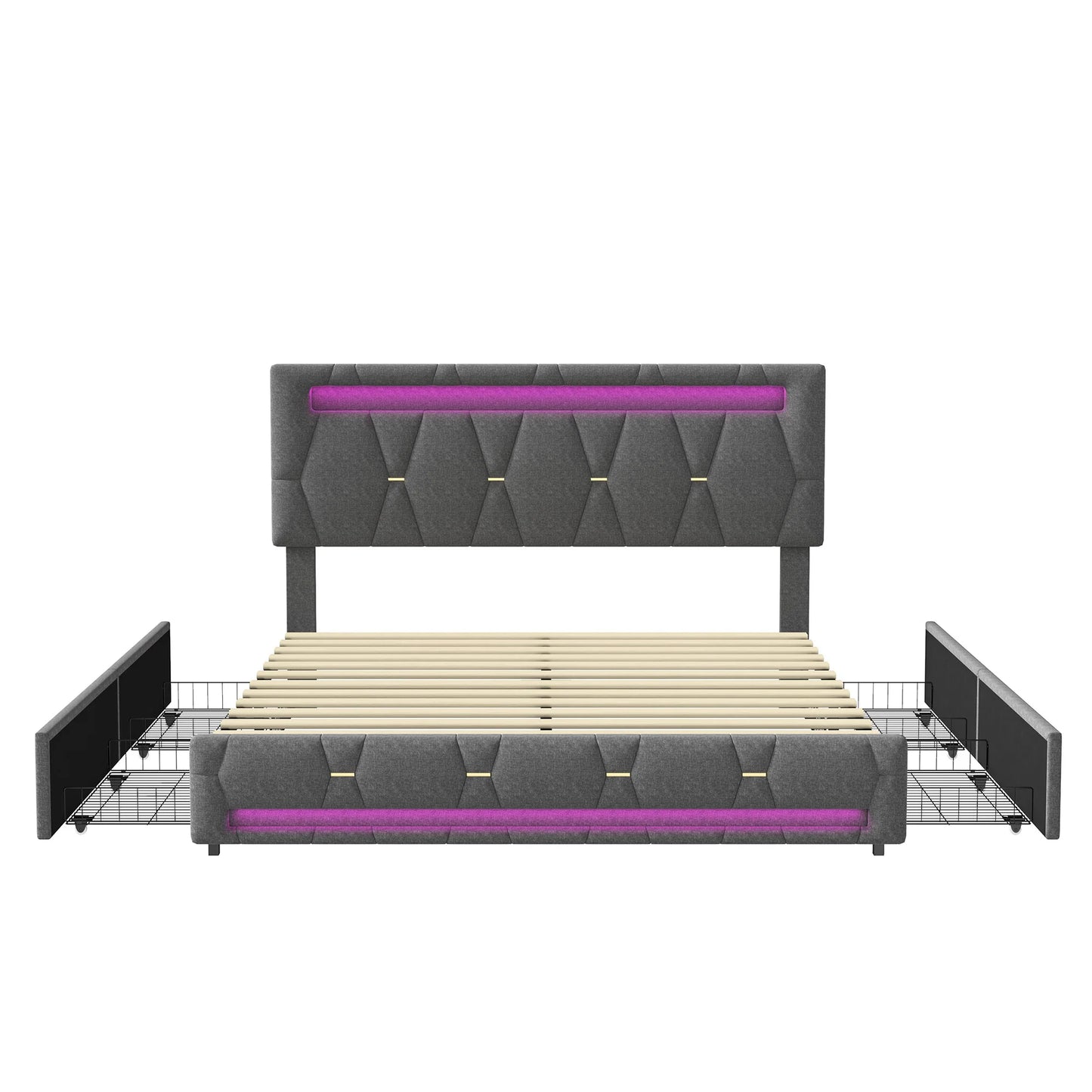 WoodenAura Bett 160x200 cm LED Doppelbett mit USB-Ladefunktion, Polsterbett Stauraumbett mit 4 Schubladen,Verstellbares Kopfteil