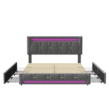 WoodenAura Bett 160x200 cm LED Doppelbett mit USB-Ladefunktion, Polsterbett Stauraumbett mit 4 Schubladen,Verstellbares Kopfteil