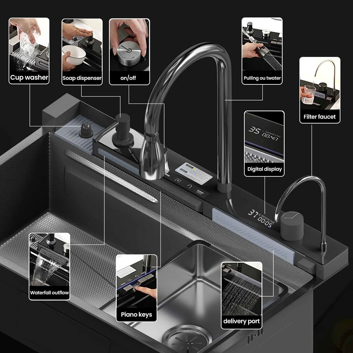 Multifunktionales, intelligentes Wasserfall-Küchenspülbecken aus Edelstahl mit integriertem Digitalanzeige, großes Küchenspülbecken mit einem Schlitz