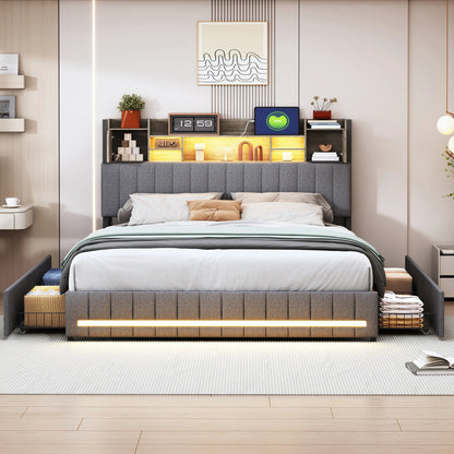 Rosahqnda gepolstertes Doppelbett mit LED-Kopfteil und USB-Anschluss, Stauraumbett mit 4 Schubladen, Leinen, ohne Matratze