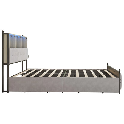 WoodenAura 140x200cm Polsterdoppelbett mit LED-Kopfteil und USB, mit Lattenrost und 4 Schubladen, Stauraum, Funktionsbett180x200