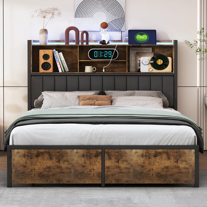 Rosahqnda Doppelbett aus Eisen, Rahmen mit LED, USB und Schubladen, gepolstertes Bett, 140–160–180 x 200 cm, Stauraum, Kopfteil, Jugendbett, PU, Schwarz