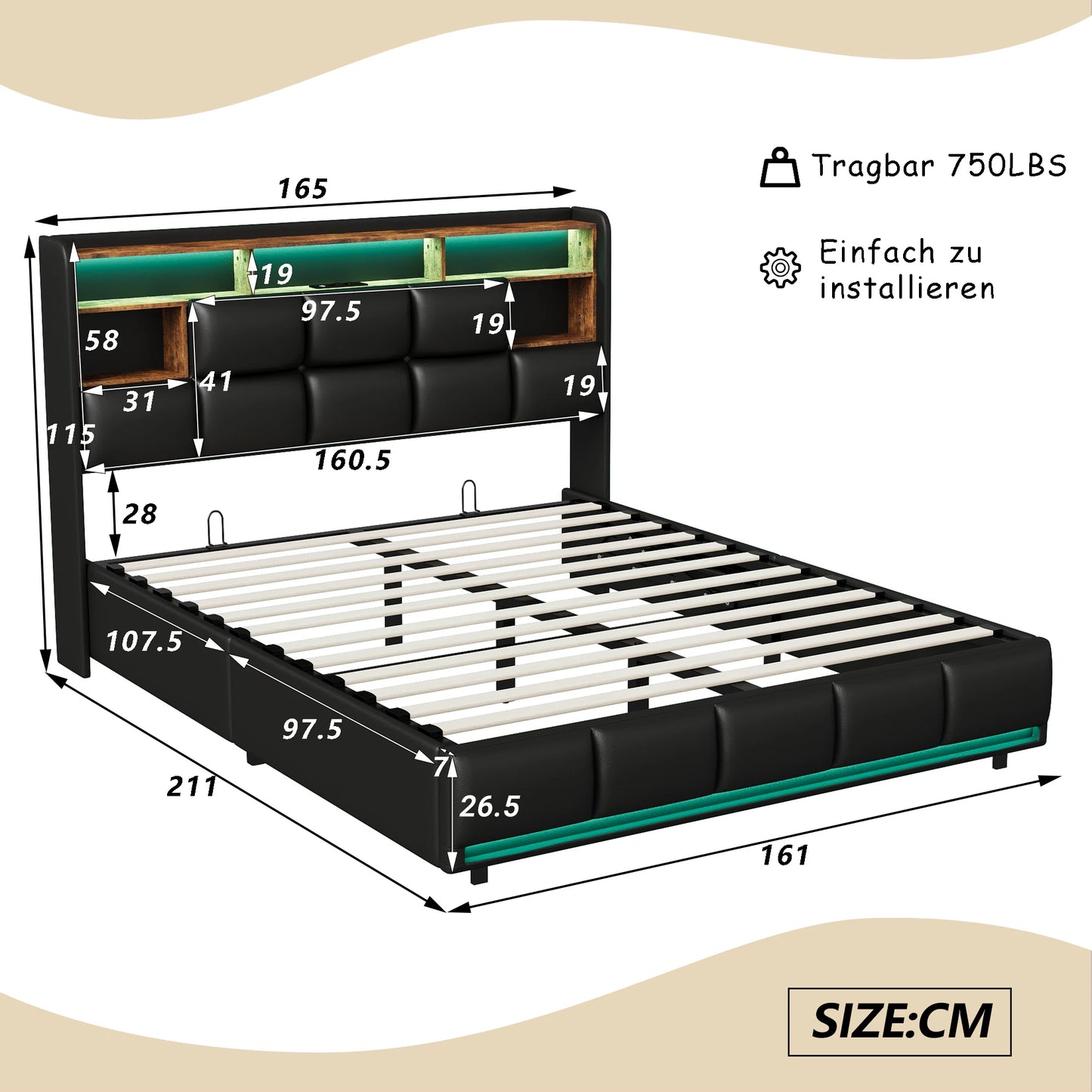 Rosahqnda Gepolsterter Bettrahmen,Erwachsenenbett mit hydraulischer Hebefunktion,Stauraumbett mit LED-Beleuchtung,Ladeanschluss