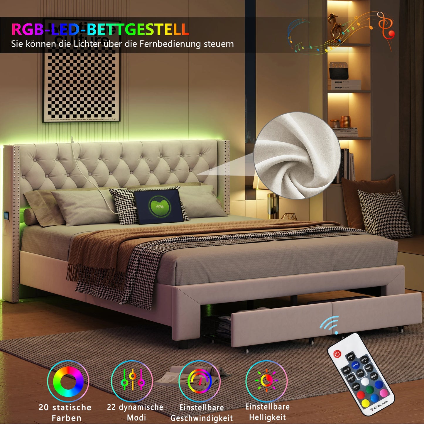 Rosahqnda Modernes Doppelbettgestell, 140 x 190 cm, Bett mit Stauraum, 160–180 x 200 cm, mit LED, USB und 2 Schubladen, Teenagerbett, Gästebett, Samtbeige