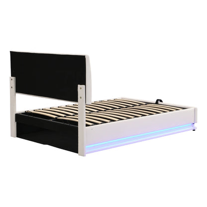 Rosahqnda Gepolstertes hydraulisches Bett 140 * 200 cm mit LED-verstellbarem Kopfteil, moderner Doppelbettrahmen mit Stauraum,PU