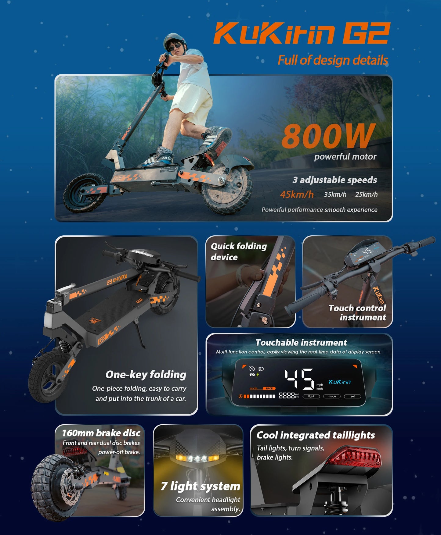 Kukirin G2 Foldable Electric Scooter  1200W Peak Motor 48V 15.6Ah Battery 10-inch Tire 45km/h Max Speed 55km Range.