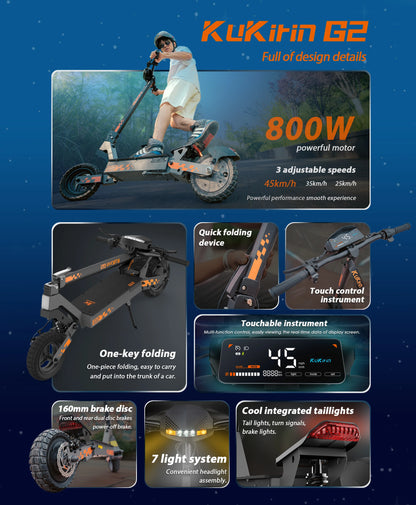 Kukirin G2 Foldable Electric Scooter  1200W Peak Motor 48V 15.6Ah Battery 10-inch Tire 45km/h Max Speed 55km Range.