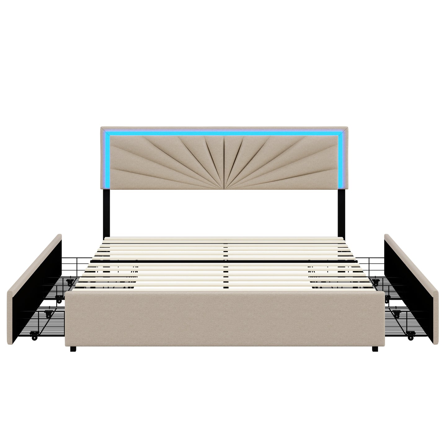 WoodenAura Polsterbett 140x200 cm mit LED-Beleuchtung,Doppelbett mit 4 Schubladen, Höhenverstellbarem Kopfteil und Holzgestell