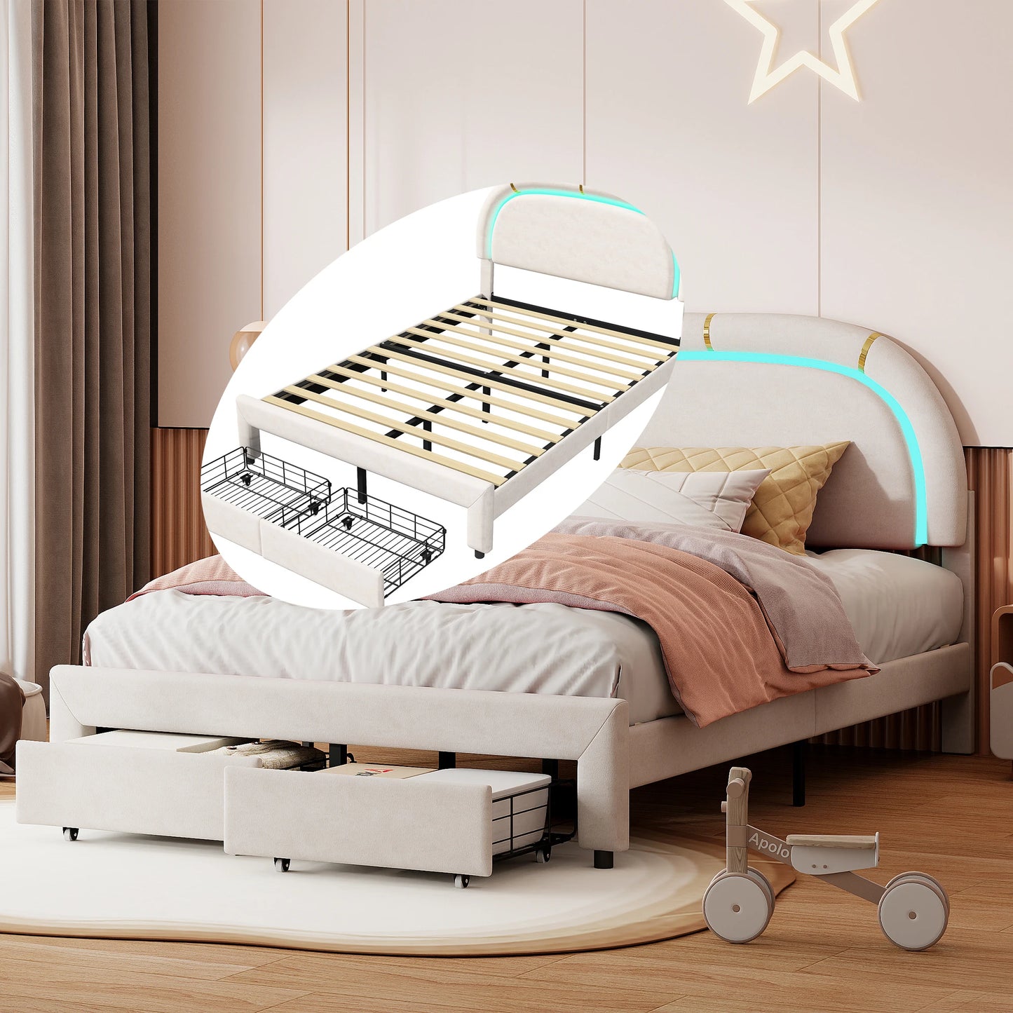 WoodenAura Doppelbett 140 × 200 cm gepolstertes mit 2 Schubladen und LED-Lichtst reifen, mit Rückenlehne Kopfteil und Lattenrost