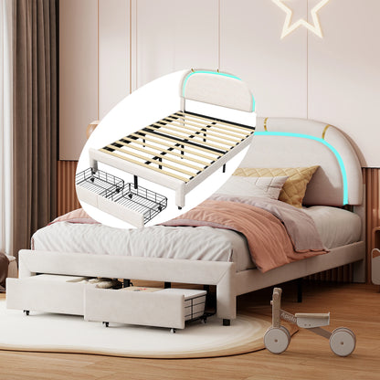 WoodenAura Doppelbett 140 × 200 cm gepolstertes mit 2 Schubladen und LED-Lichtst reifen, mit Rückenlehne Kopfteil und Lattenrost